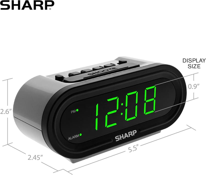 Sharp Digital Alarm with AccuSet - Automatic Smart Clock, Never Needs Setting - Great for Seniors, Kids, and Everyone who Doesn't Want to Set a Clock! Silver Case with Green LEDs