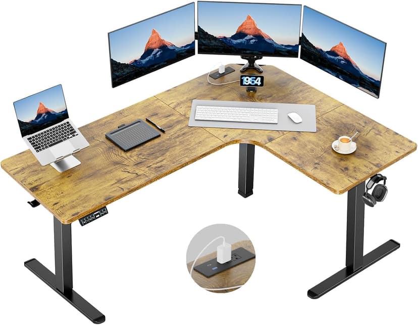 HUANUO 63″ L-Shaped Standing Desk, Built-in Power Outlets, Electric Height Adjustable Corner Computer Desk, Large Power Strip Holder, Sit Stand Up Desk with 3 Preset Heights, Vintage Brown