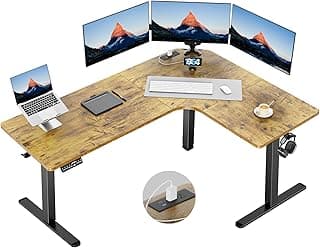 HUANUO 63″ L-Shaped Standing Desk, Built-in Power Outlets, Electric Height Adjustable Corner Computer Desk, Large Power Strip Holder, Sit Stand Up Desk with 3 Preset Heights, Vintage Brown