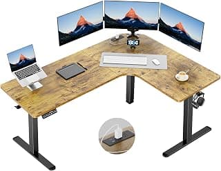HUANUO 63″ L-Shaped Standing Desk, Built-in Power Outlets, Electric Height Adjustable Corner Computer Desk, Large Power Strip Holder, Sit Stand Up Desk with 3 Preset Heights, Vintage Brown