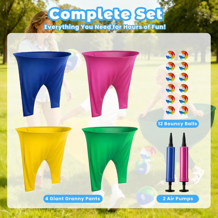 Granny Pants Outdoor Game, 4Pcs Granny Pants Yard Game for Adults and Kids, Giant Outdoor Tossing Games with 4 Oversized Pants & 12 Bouncy Balls, Easter Party Family Reunion Field Game Set