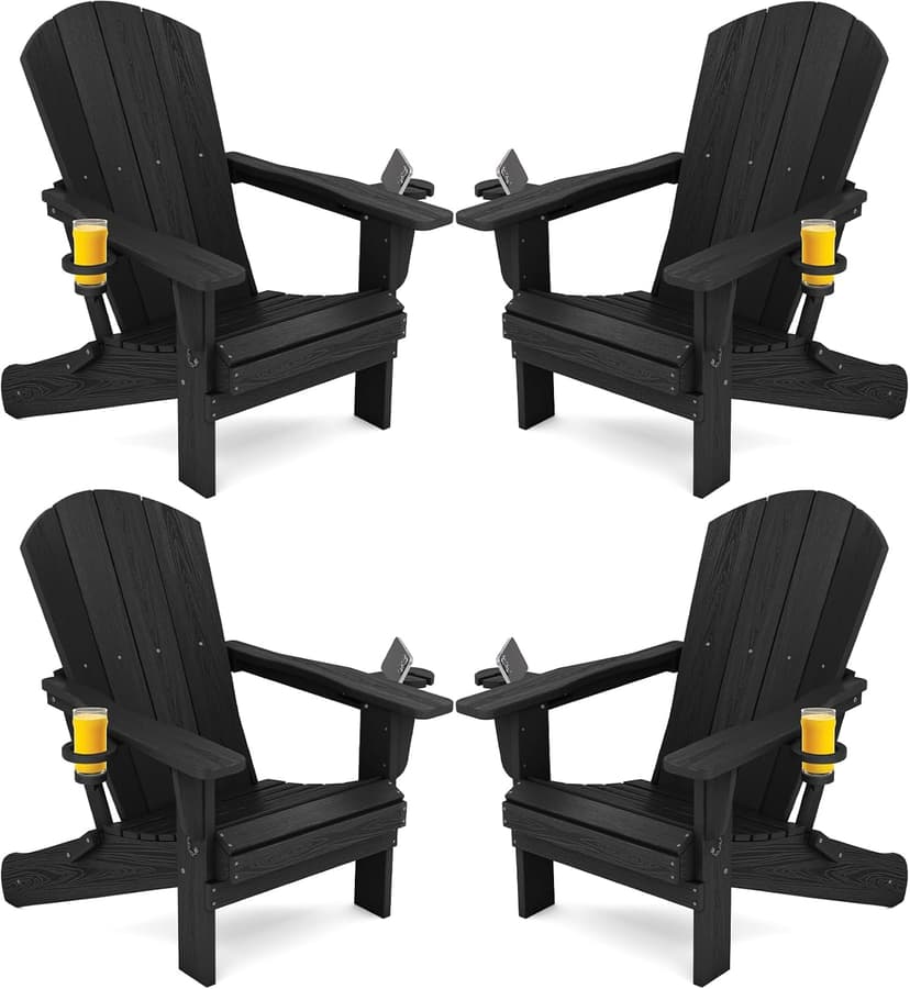 SERWALL HDPE Folding Adirondack Chair with Dual Cup Holder - Composite Adirondack Chair Set of 4- Black