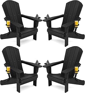 SERWALL HDPE Folding Adirondack Chair with Dual Cup Holder - Composite Adirondack Chair Set of 4- Black