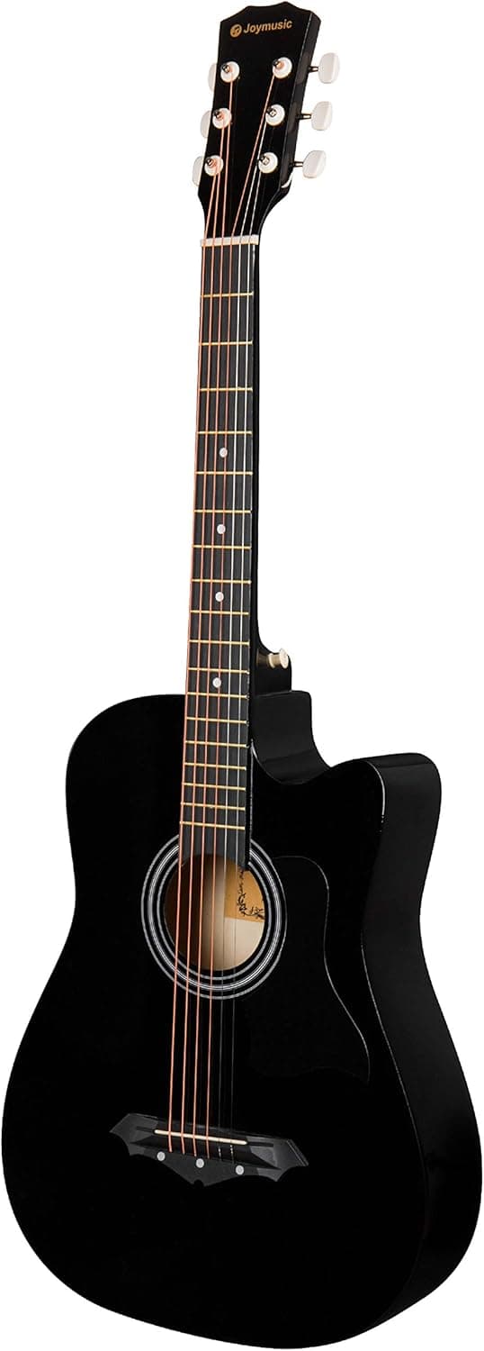 Joymusic 38 inch black beginner acoustic guitar,bundle with a strap with picks holder,digital tuner, set strings, capo,cleaning cloth,6 picks,gig bag.（JG-38C,BK）