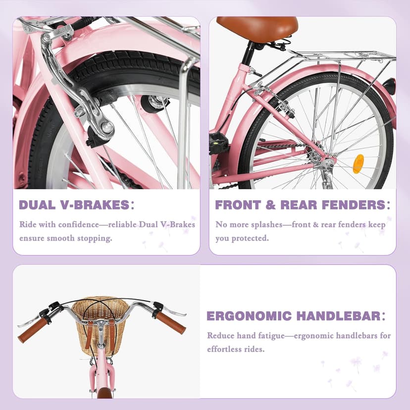 Beach Cruiser Bike for Adult, 24 & 26 Inch Comfort Bikes with Rattan Front Basket, Womens Bicycle with Adjustable Seat and Dual V-Brake (Pink & White & Green & Purple & Black)