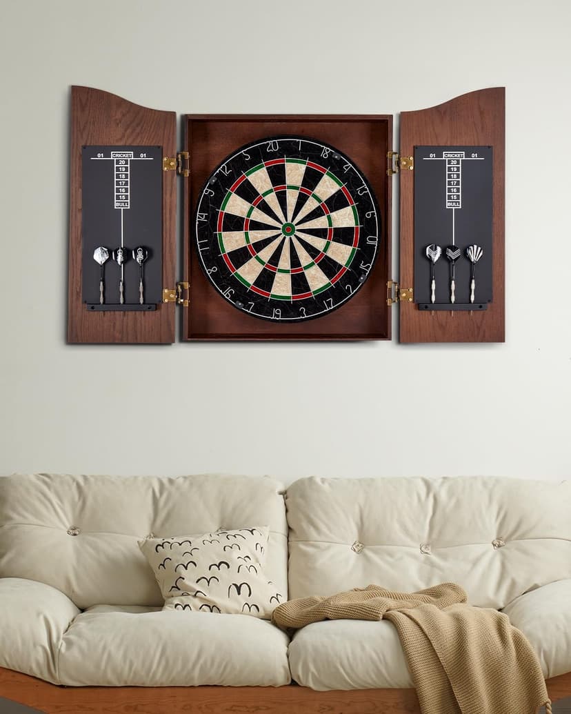 Yirinatek Sisal Dart Board Cabinet Sets, Decorative Dart Boards for Adults [6*Steel Darts] - Wooden Dartboard Cabinet with Integrated Scoreboard for Family Game Rooms