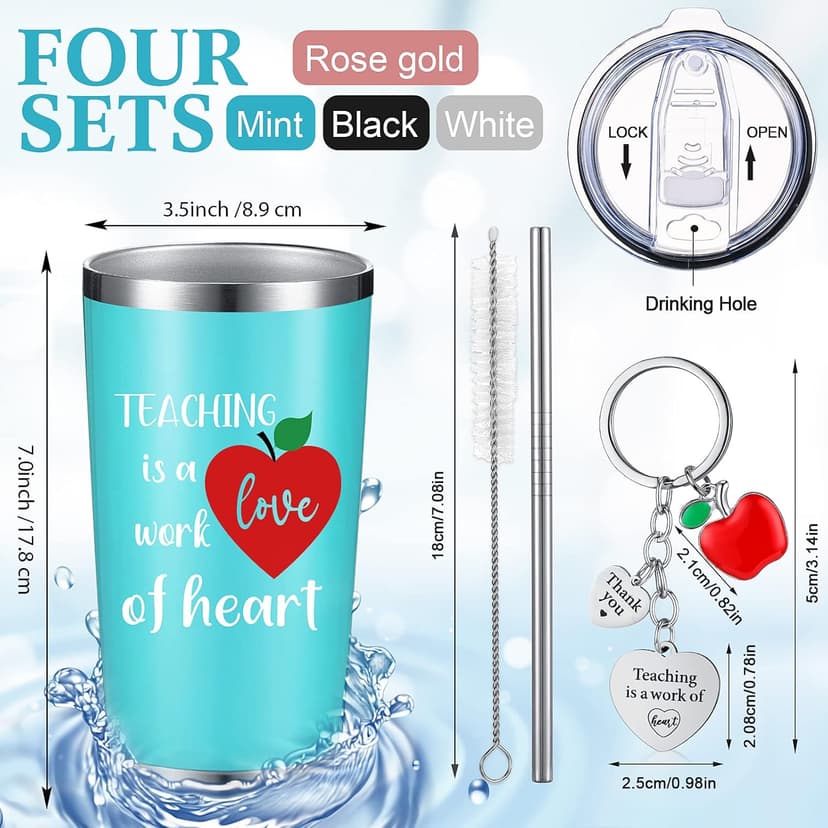 Yinder Valentines Gifts for Teachers Tumbler Set 4pcs Stainless Steel Tumblers with Keychains 12oz Insulated Mugs for Teachers Appreciation Presents Thank You Gifts Bulk Teacher Supplies(Apple)
