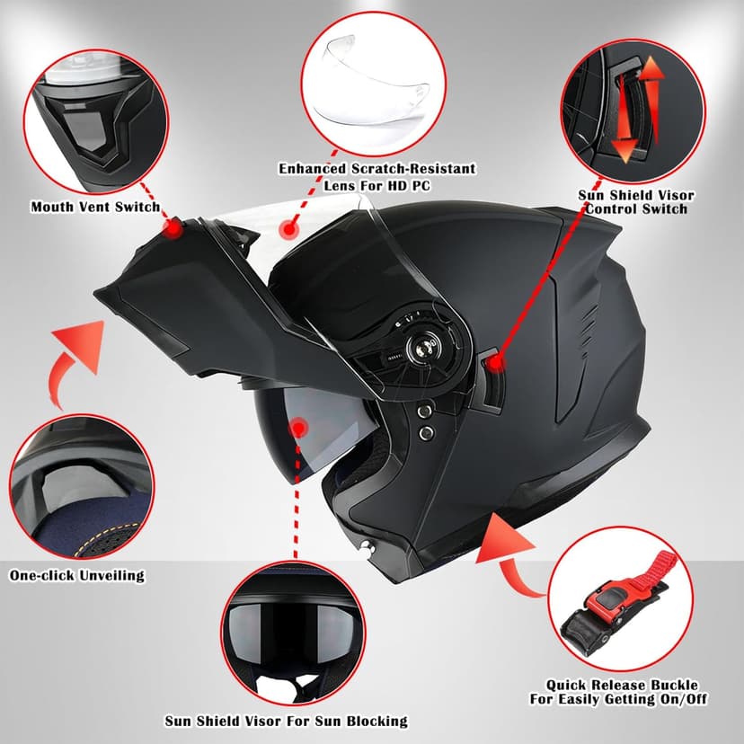 1Storm Motorcycle Street Bike Modular/Flip up Dual Visor Sun Shield Full Face Helmet HJK920
