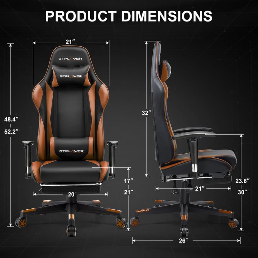 GTPLAYER Gaming Chair with Footrest, Ergonomic Computer Game Desk Chair, Recline Gaming Chair Seat Height Adjustment, Swivel Rocker with Headrest and Lumbar (Brown)