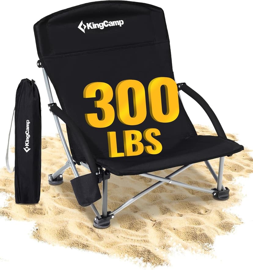 KingCamp Low Beach Chair, High Back Folding Camping Chair for Adults, Oversized Breathable Mesh Seat, 300lbs Heavy Duty Portable Chair with Cup Holder & Storage Pockets for Beach, Outdoor