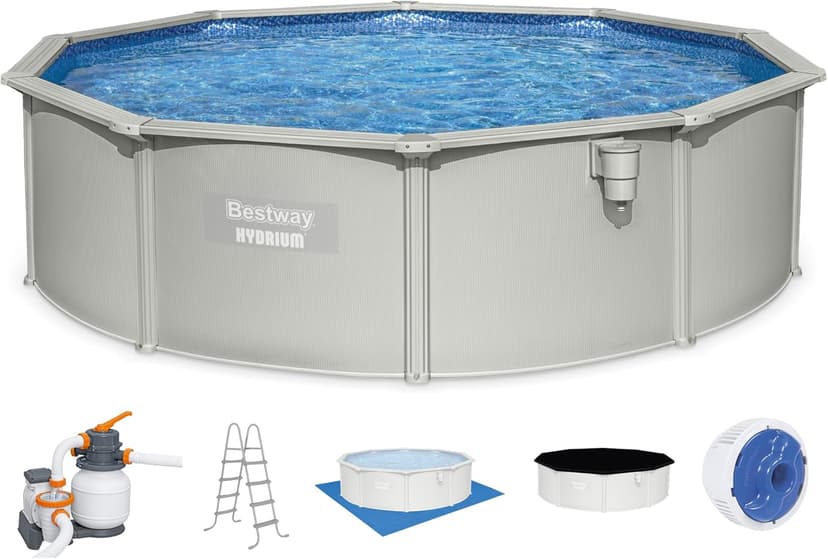 Bestway Hydrium Above Ground Swimming Pool, 15' x 48" Round Steel Wall Pool Set with Sand Filter Pump, Chemical Dispensers, and Accessories