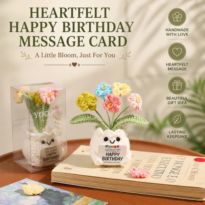 Happy Birthday Message Card, Cute Colorful Handmade Keepsake, Gift for Her, Mom, Best Friend, Sister, Coworker, 4.7 × 2.4 In Crochet Forget Me Not Flower Pot Birthday Gifts for Women B0GXV6J1ZG