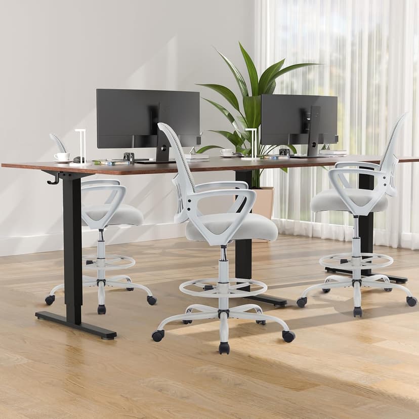 DUMOS Drafting Chair - Ergonomic Tall Office for Standing Desk, Counter with Height Adjustable and Comfortable Lumbar Support, Fixed Armrests, Grey