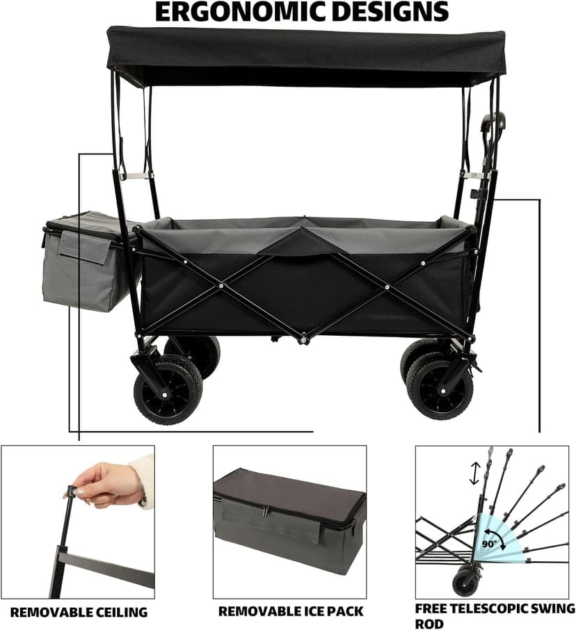 480Lbs Collapsible Wagon with Canopy Steel Black Large Capacity for Camping, Shopping, Sports, Garden Use Mosquito Net Outdoor-Ready