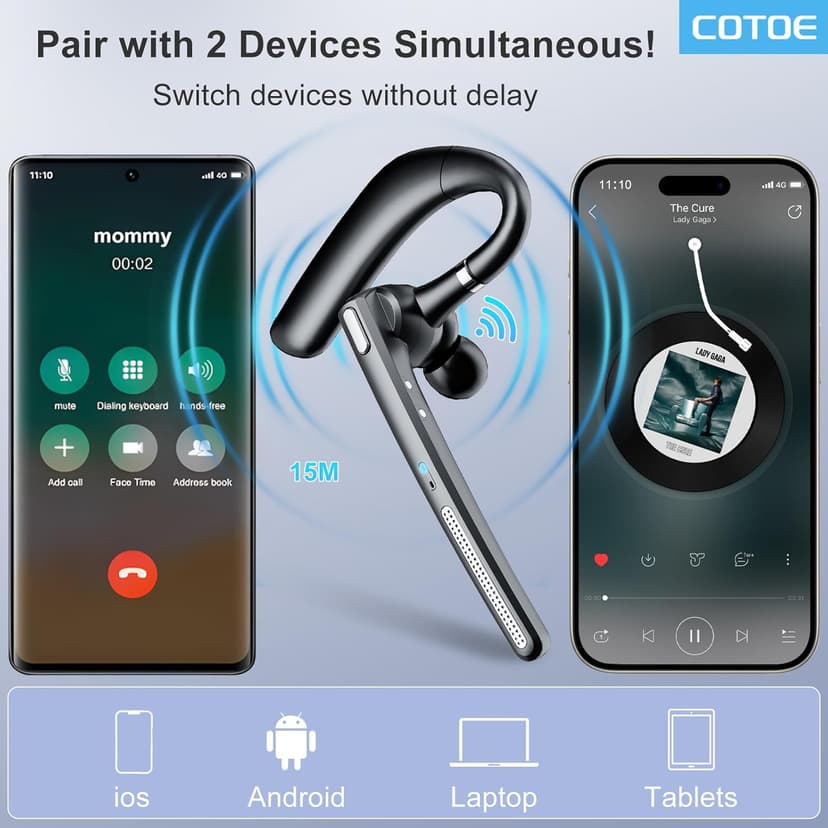 COTOE Bluetooth Headset V5.3, Wireless Earpiece with 500mAh Charging Case Hand-Free Headphones Noise Canceling Mic for Office/Driving/Business,Black