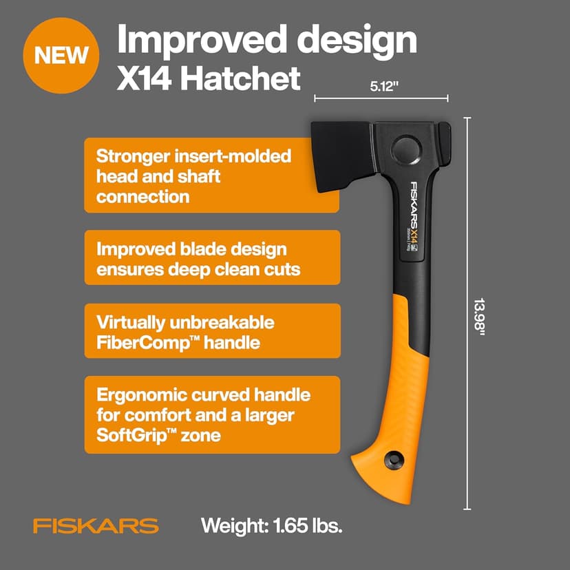 Fiskars X14 Universal Hatchet 14", Forged Steel Blade for Limbing & Chopping Kindling, Ergonomic Curved FiberComp Handle & Low-Friction Coating for Clean Cuts in Fresh Resinous Wood