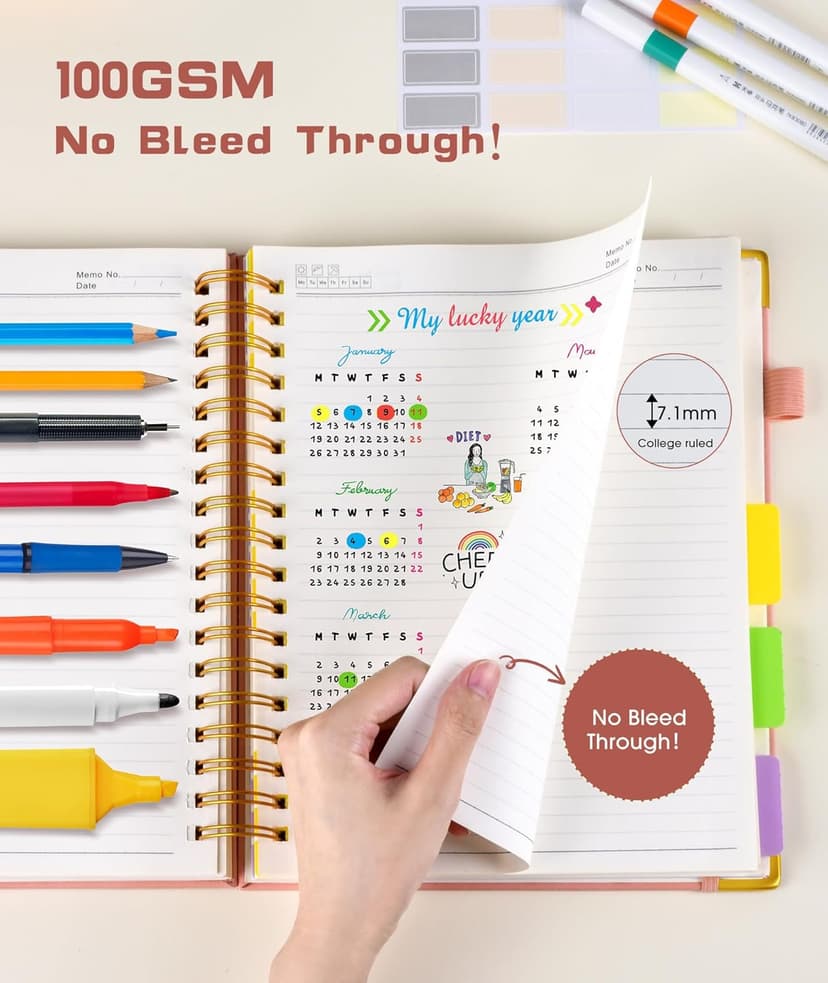 Hardcover Spiral Notebook journal with Removable Dividers Tabs, 300 Pages Leather 5 Subject Notebook College Ruled, 8"x10" Large B5 Notebooks for Work School Note taking, Lined Journal for Women,Pink B0D44Y2NSF
