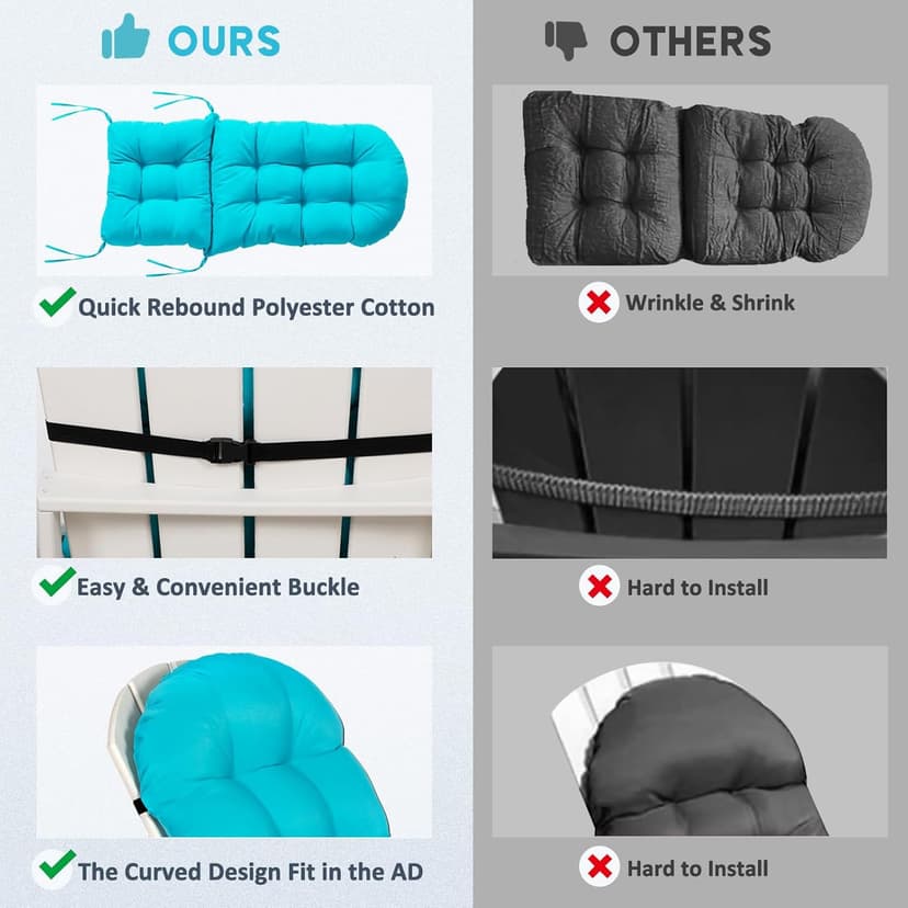 nalone 2 Pack Adirondack Cushion Rocking Chair Cushions High Back Adirondack Chair Cushion with Ties Patio Cushions for Outdoor Furniture (2 Pack, Blue)