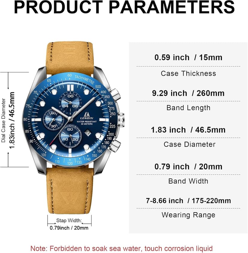 LN LENQIN Mens Watches Leather Watch Analog Quartz Watch for Men Luminous Luxury Fashion Business Casual 30M Waterproof Men's Wrist Watches with Date