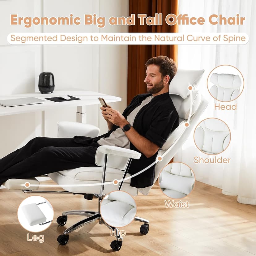Sweetcrispy Executive Home Office Desk Chair - Ergonomic Big Tall High Back with Footrest & Lumbar Support, Reclining Height Adjustable, Comfy PU Leather Computer Gaming with Swivel Wheels, White