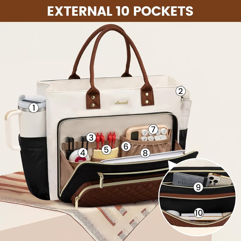 LOVEVOOK Teacher Tote Bag for Women Work, Laptop Bag With Large Cup Holder, Nurse Bags Professional Briefcase Business Computer Purses Bible Handbag Gifts, Black-Beige-Brown, 15.6 Inch B0DTDWKCCF