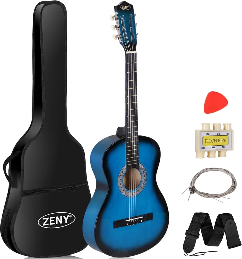 ZENY 38 inch Acoustic Guitar Full Size Beginners Package Kit for Right-handed Starters Kids Music Lovers w/Case, Strap, Pitch Pipe and Pick (Blue)