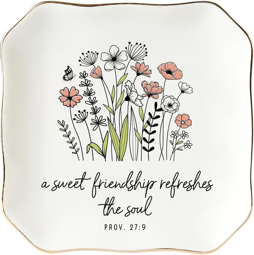Soul Sister Gift for Women Christian - Sweet Friendship 4.5"X4.5" Floral Ceramic Jewelry Dish Tray - Tricket Dish HEXMOZ Friendship Gifts for Women Friends - Best Friend Birthday Gift Ideas B0FHHBVHR6