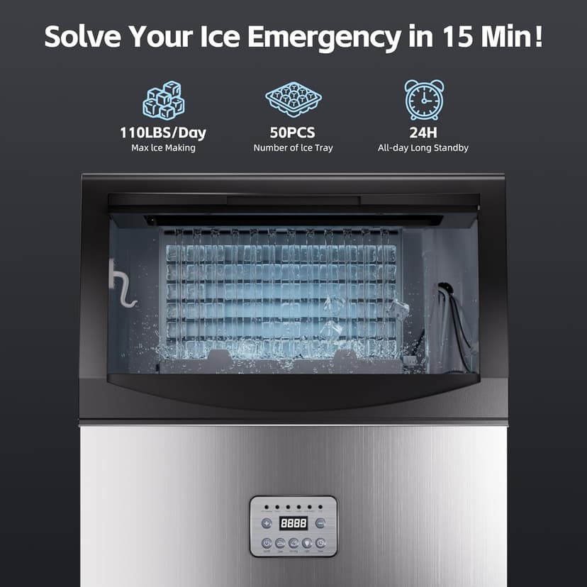 Commercial Ice Maker, 110lbs/24H, 33lbs Large Storage Under Counter Ice Maker for Business, 50 Cubes in 7-14Mins Stainless Steel Ice Machines, Self Cleaning Ice Makers for Cafe Bar Restaurant Home