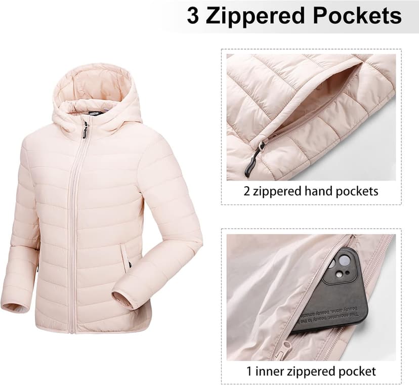 Outdoor Ventures Women's Packable Lightweight Full-Zip Puffer Jacket with Hood Quilted Winter Coat
