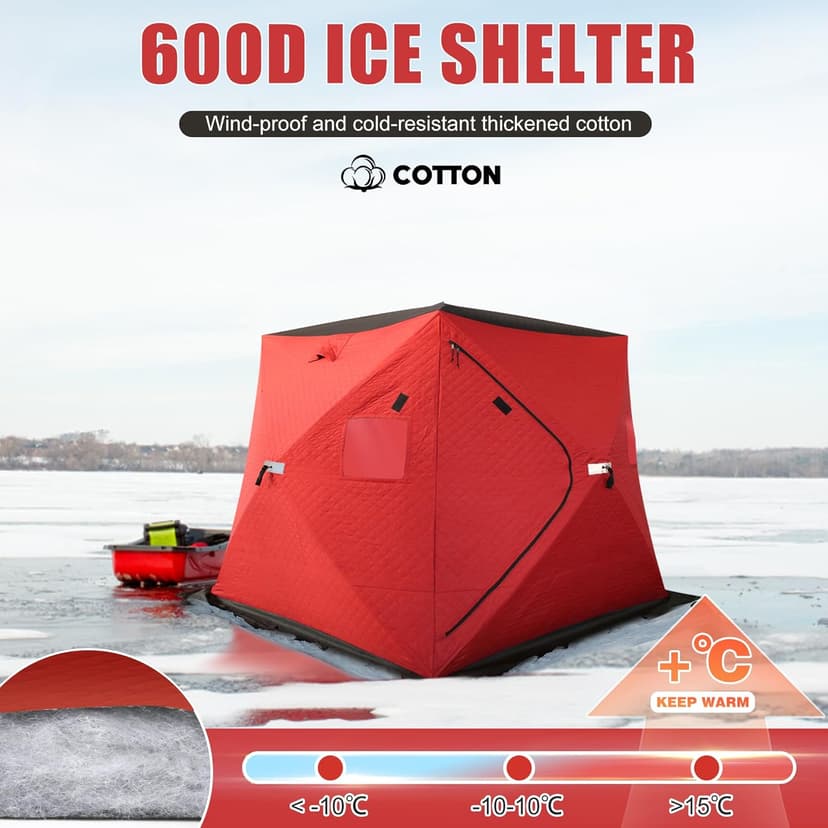 ShedOFF 300D/600D Insulated Ice Fishing Shelter 2-3 Person, Wide Bottom Windproof Pop-up Ice Fishing Tent, Thermal Portable Ice Shanty Ice Shack
