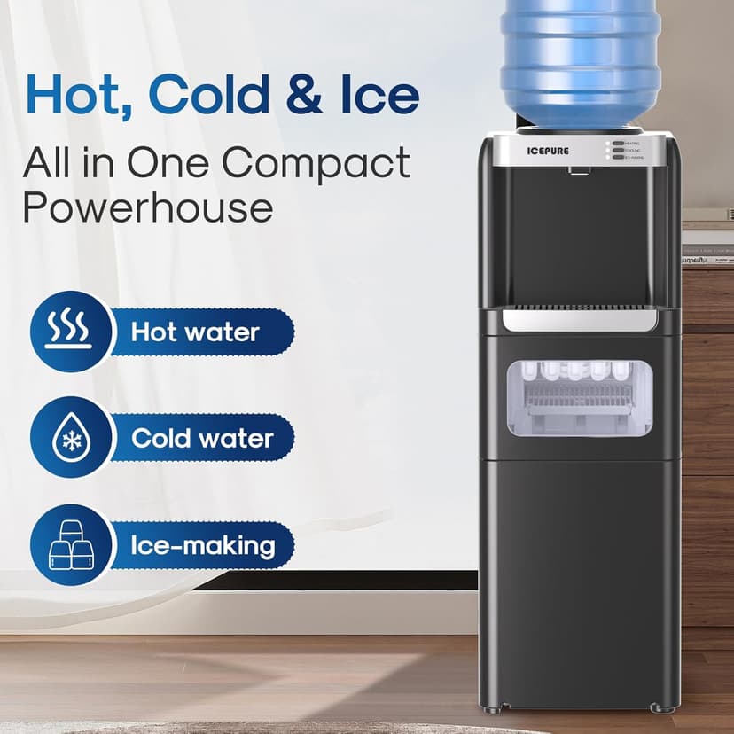 ICEPURE Water Cooler Dispenser with Build-in Ice Maker, Hot and Cold Water Dispenser with Bullet Ice Maker, 33lbs/24H, Child-Lock,Top Loading
