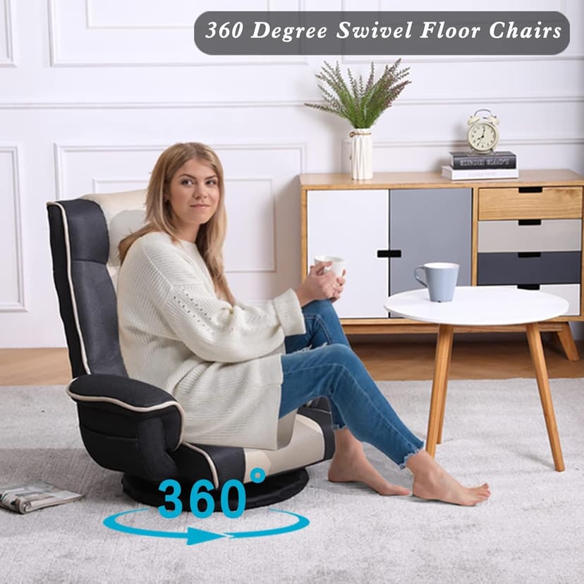 360 Swivel Gaming Floor Chair with Armrest Multi-Angle Folding Floor Chair Padded Backrest Lazy Sofa Lounge Chair for Living Room, Home Office QL201W-US-GR