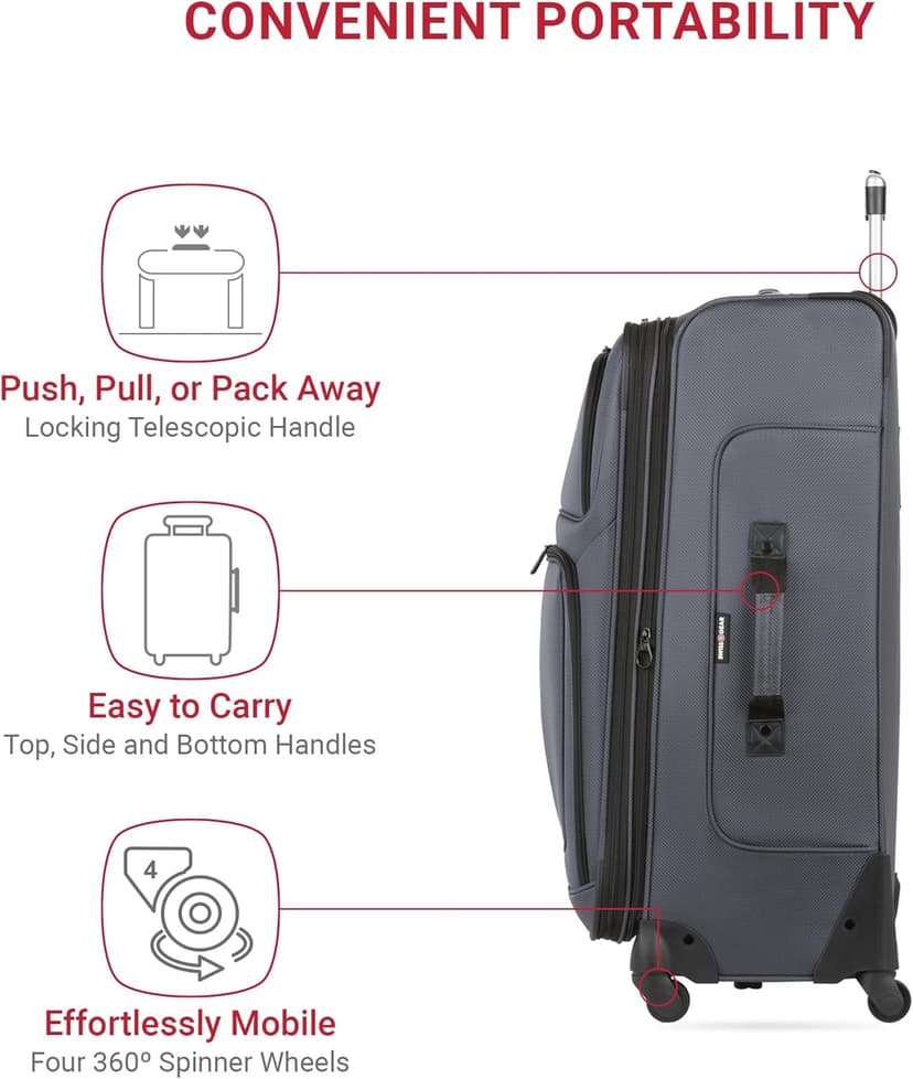 SwissGear Sion Softside Expandable Luggage – Large Checked Suitcase with 360 Degree Wheels & Retractable Handle – 29 Inch, Perfect for 7-9 Night Trips – Dark Gray