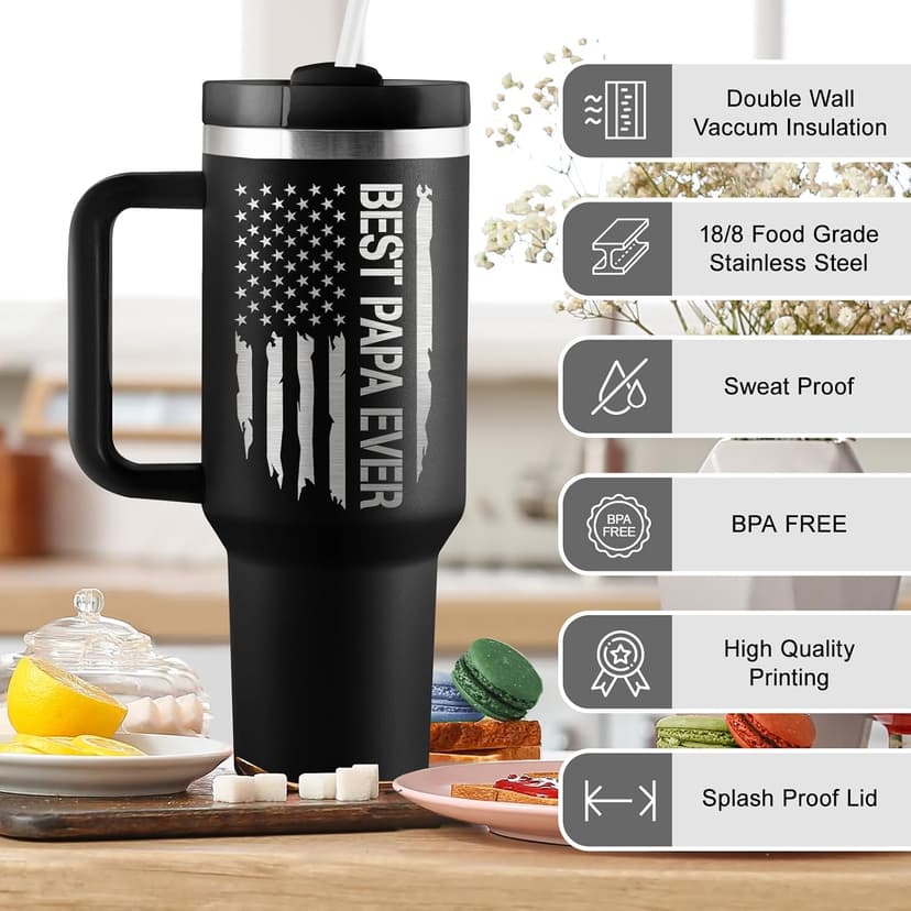 Best Papa Gifts for Fathers Day Christmas 40oz Travel Cup Insulated Tumbler with Handle & Straw ROSTANTEN Papa Gifts Birthday Gifts for Papa from Grandkids B0F5J1RJCL