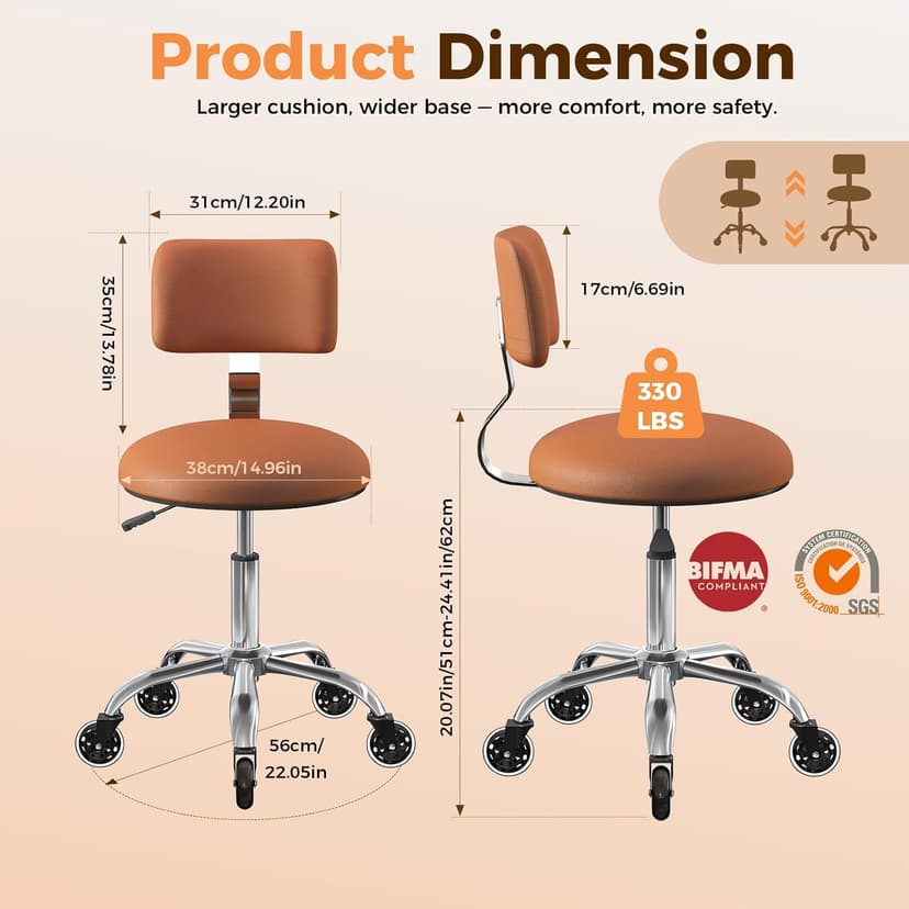 Rolling Stool Chair with Wheels, Office Drafting Chair with Back Support, Height Adjustable Standing Desk Stool with PU Leather Cushion for Home Office Kitchen Vanity Spa Garage Tattoo Dentist, Camel