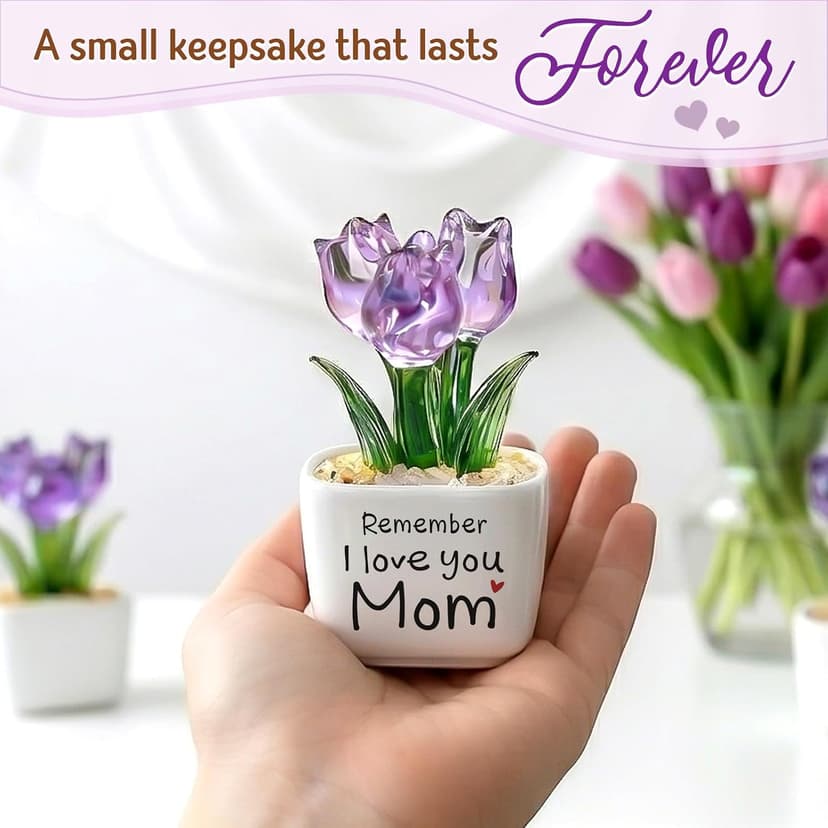 Remember I Love You Mom - Mom Birthday Gifts for Mothers - Collectible Flower Figurine Birthday Gifts for Mom from Daughter Son - Mini Purple Glass Tulip B0GTLL16WJ