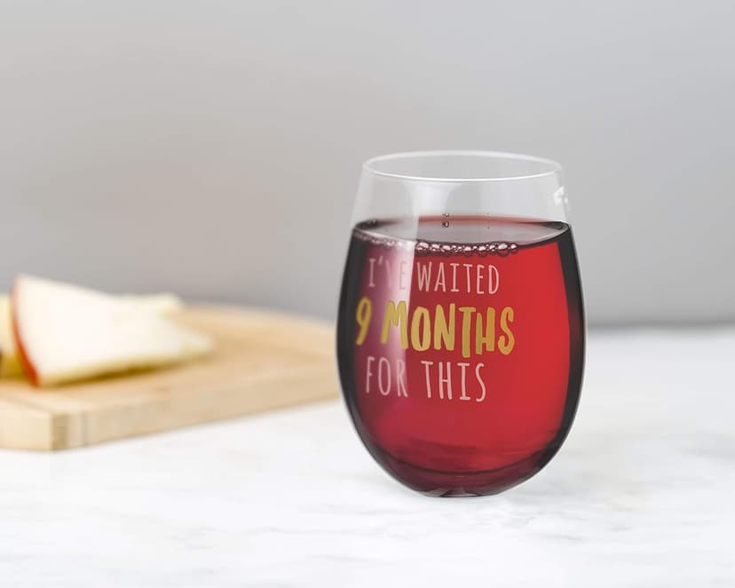Pearhead I’ve Waited 9 Months For This Stemless Wine Glass, Perfect for Mother’s Day, Ideal Gift for Baby Shower, Post Pregnancy, New and Expecting Moms, Pink and Gold, 16 Oz