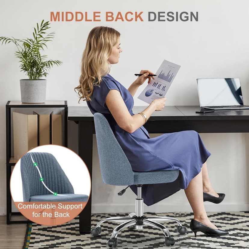 DUMOS Office Chair, Comfy Desk Chair Rolling Vanity Swivel Task Chairs with Wheels, Wide Seating Armless Height Adjustable Computer Chairs for Home,Bedroom,Student,Adults, Blue