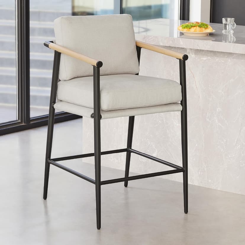 Watson & Whitely Mid Century Modern Barstools Set of 2, 26" H Upholstered Counter Height Bar Stools with Wood Armrests and Metal Legs, Fabric in Beige