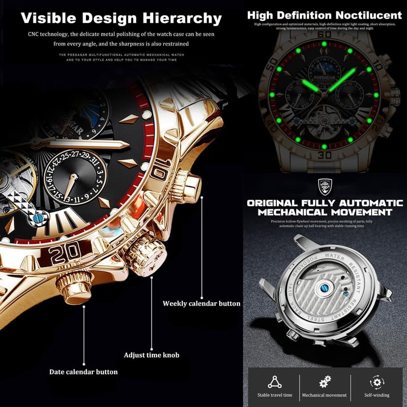 FORSINING Mechanical Men's Watch, Moon Phase Tourbillon Automatic Self-Wind Wristwatch, Luxury Stainless Steel Band 43mm Big Dial Mens Wrist Watch with 3 Sub Dial