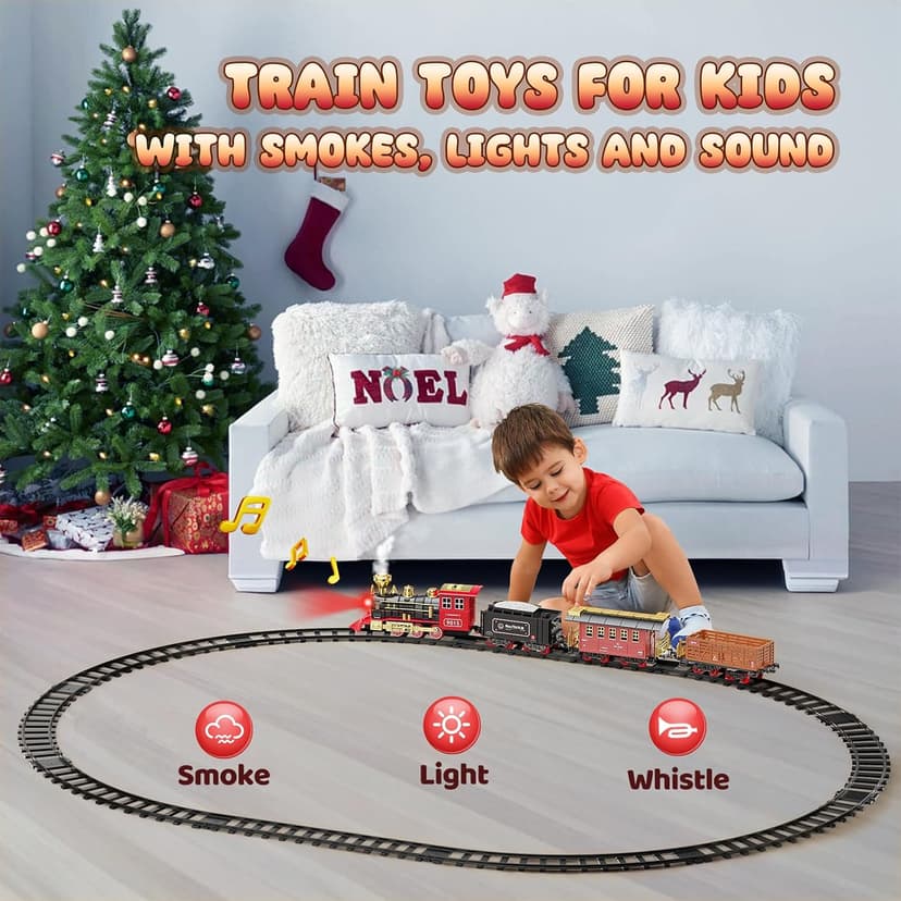Hot Bee Train Set - Train Toys for Boys with Smokes, Lights and Sound, Toy Train Set for Under Christmas Tree, Toddler Model Trains for 3 4 5 6 7 8+ Years Old Kids Christmas Toys Gifts