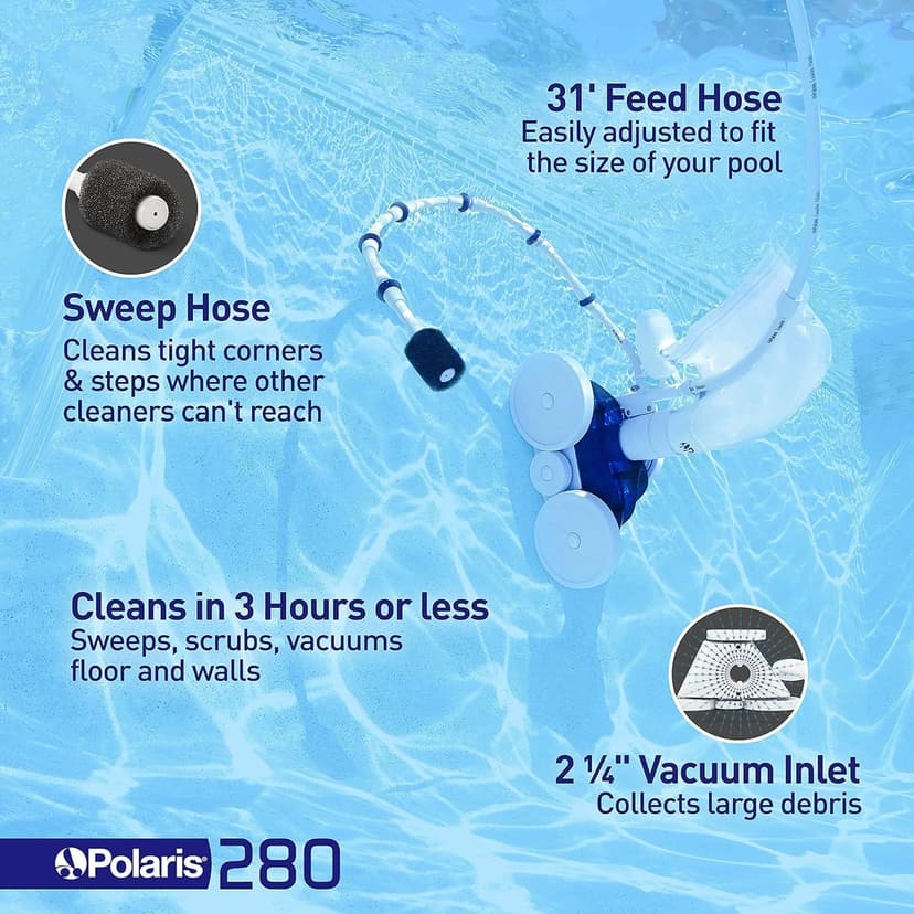 Polaris Vac-Sweep 280 Pressure-Side In-ground Pool Cleaner, Double Venturi Jet Powered, 31ft of Hose with an All Purpose Debris Bag