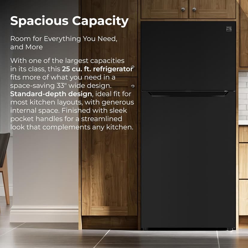 Kenmore 33" Top Mount Refrigerator with Freezer - Adjustable Shelving, Humidity-Controlled Crispers, Optional Ice Maker, LED Lighting, ENERGY STAR Certified, 25 cu. ft. Capacity - Black