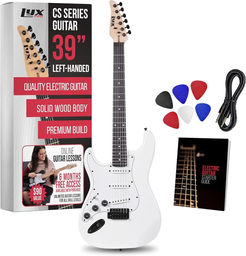 LyxPro CS 39” Left Hand Electric Guitar Kit for Beginner, Intermediate & Pro Players with Guitar, Amp Cable, 6 Picks & Learner’s Guide, Solid Wood Body, Volume/Tone Controls, 5-Way Pickup - White