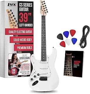 LyxPro CS 39” Left Hand Electric Guitar Kit for Beginner, Intermediate & Pro Players with Guitar, Amp Cable, 6 Picks & Learner’s Guide, Solid Wood Body, Volume/Tone Controls, 5-Way Pickup - White