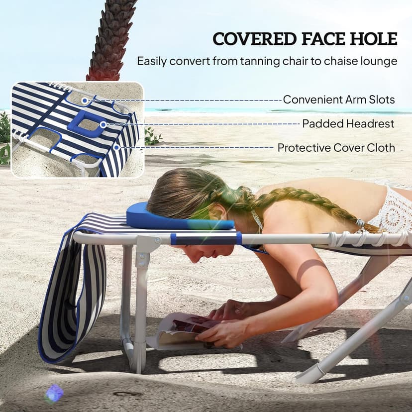 Outsunny Tanning Chair with Face Hole, Side Table, 5-Position Reclining Folding Chaise Lounge Chair Outdoor Lounger Recliner, Carry Straps for Beach Pool Camp, Oxford Fabric, Blue and White