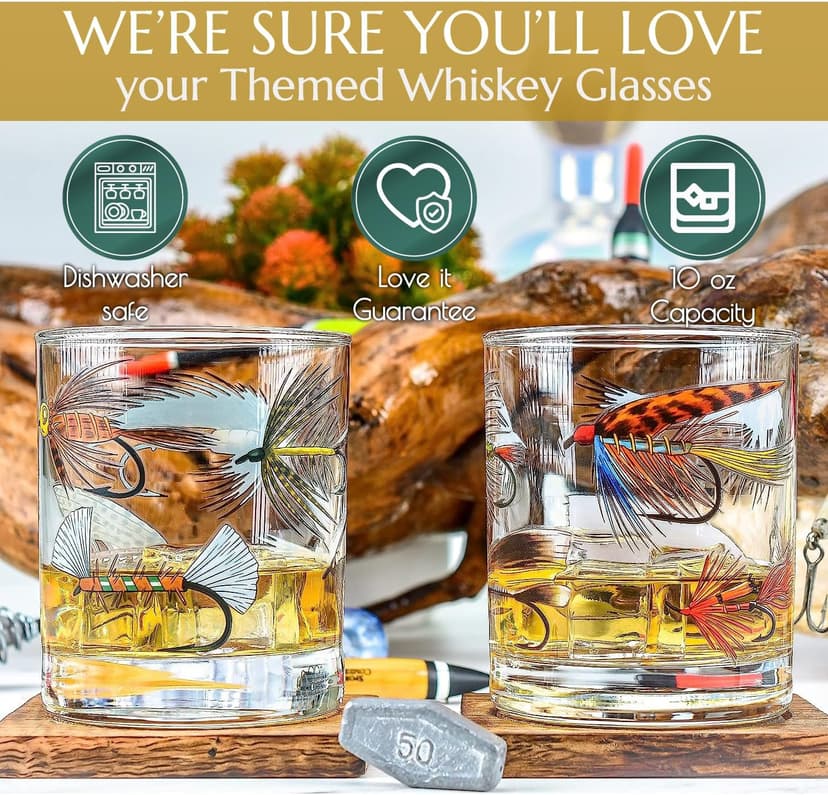 Greenline Goods – Fly Fishing Glass Set for Fisherman and Outdoorsman – Fly Lures Themed 10 oz Whiskey Drinking Glass Set of 2