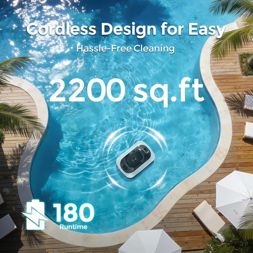C5 Cordless Robotic Pool Cleaner with 180-Min Runtime, 2.7L Large Filter Basket & Self Parking, Pool Vacuum for Above-Ground Flat Pools up to 2200 Sq.Ft