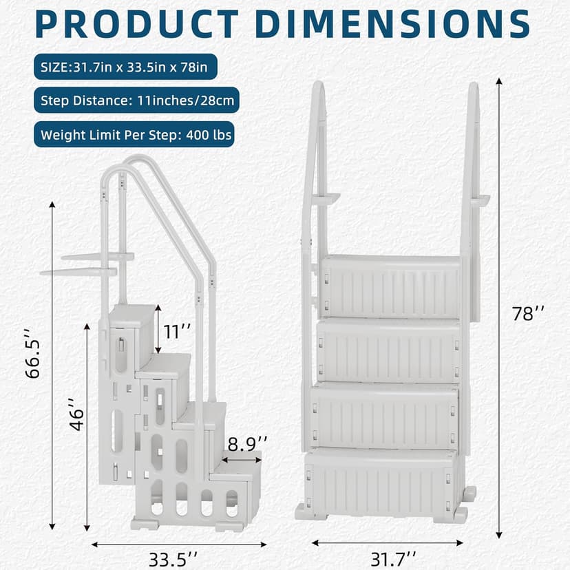 Pool Ladder, 4-Step Pool Stairs with Double Handrails and Non-Slip Steps for 48-54” Above Ground and In-Ground Pools, White
