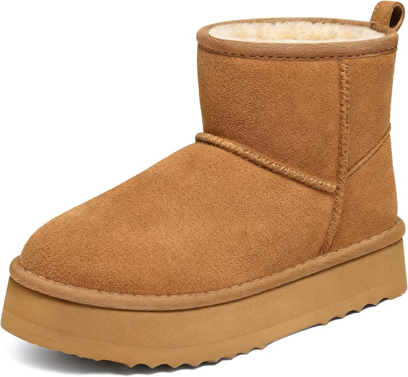 Litfun Suede Platform Mini Boots for Women Genuine Leather Fuzzy Ankle Winter Snow Boots with Fur Lined